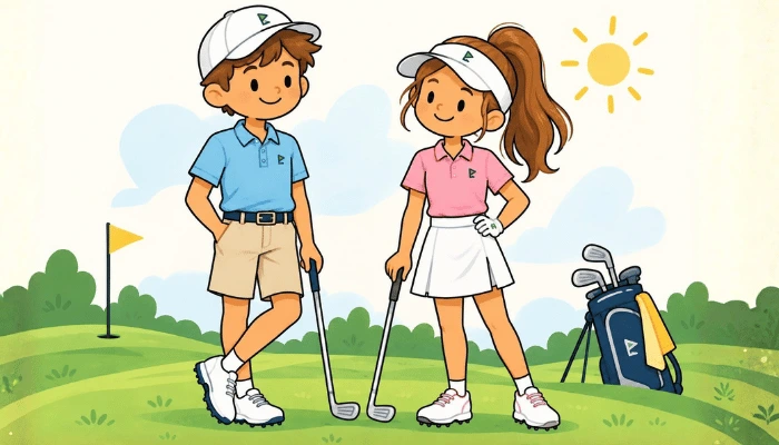 Cartoon illustration of a boy in a golf polo and shorts and a girl in a golf polo and skort, standing on a golf course.